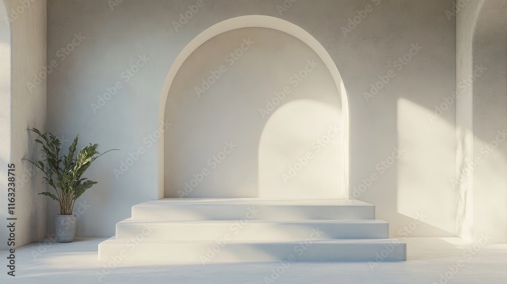 Minimalist interior with steps and a plant, designed for presentations or displays. Minimalist interior with steps and a plant, designed for presentations or displays.