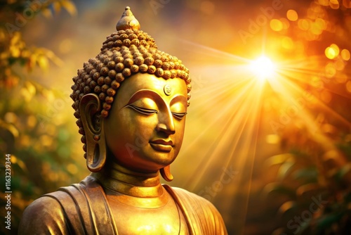 Serene Buddha Statue Illuminated by Warm Lights - Peaceful Meditation Scene photo