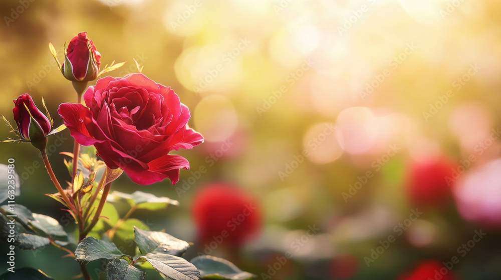vibrant rose garden in full bloom on sunny summer day, showcasing beautiful red roses and lush green leaves, creating serene and joyful atmosphere vibrant rose garden in full bloom on sunny summer day, showcasing beautiful red roses and lush green leaves, creating serene and joyful atmosphere