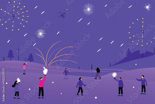 A picturesque winter wonderland scene showcasing people enjoying festive winter activities like sledding and snowball fights, amidst snow-covered trees and charming cabins.