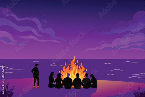 Create a vibrant vector illustration of three friends enjoying a beach bonfire party at night, featuring realistic flames and happy expressions.