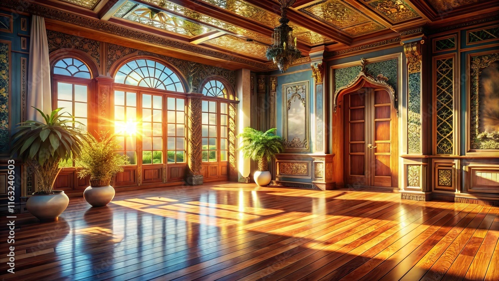 Obraz premium Sunlit Wooden Floor Interior: Serene Architectural Details, Cultural Theme Stock Photo