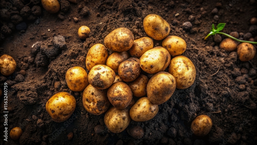 Top View of Rich Soil with Potatoes - Rustic Farm Background Top View of Rich Soil with Potatoes - Rustic Farm Background
