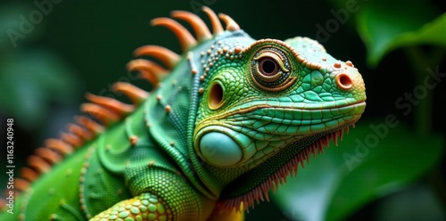 green iguana closeup head with spikes and scutes , reptile, spikes