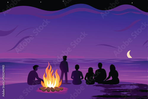 A vibrant vector illustration of a joyful beach bonfire party at night, showcasing diverse people socializing, laughing, and enjoying the firelight.