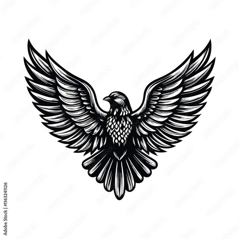 Fototapeta premium Detailed sketch engraving vector illustration of a bird with angel wings, suitable for tattoo design or mystical art.