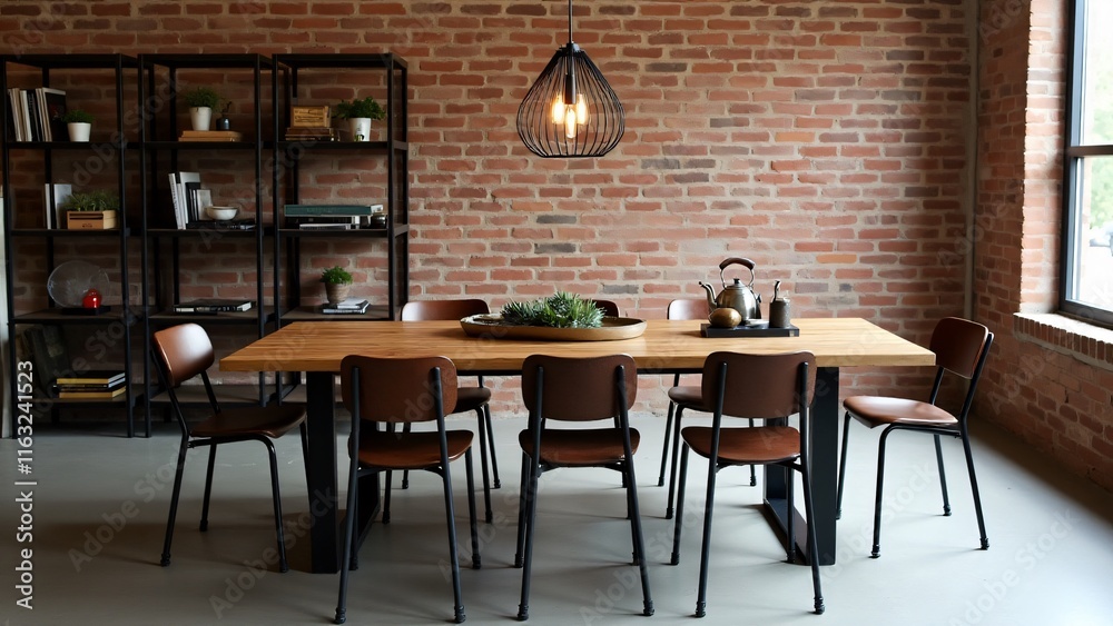 Industrial chic dining room with a reclaimed wood table, metal chairs, exposed brick walls, and urban accents. Modern and raw, this space radiates industrial sophistication. Industrial chic dining room with a reclaimed wood table, metal chairs, exposed brick walls, and urban accents. Modern and raw, this space radiates industrial sophistication.