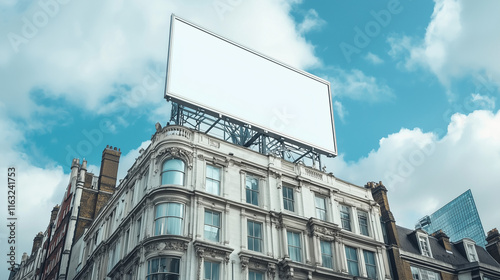 An elegant historical building adorned with a rooftop billboard, blending vintage charm with contemporary marketing potential perfect for bold and sophisticated campaigns.