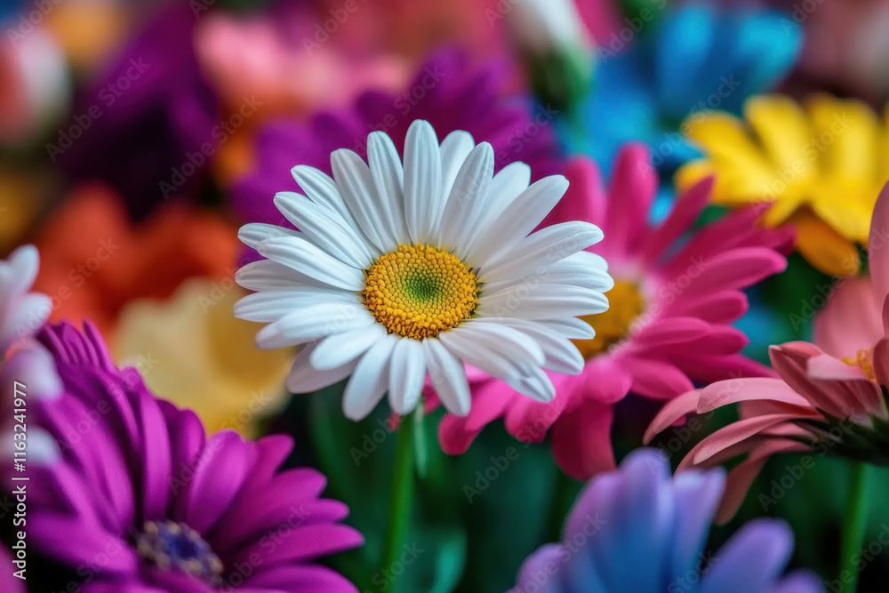 close up of white daisy surrounded by colorful flowers, showcasing vibrant petals and lively atmosphere. image captures beauty and diversity of nature blooms