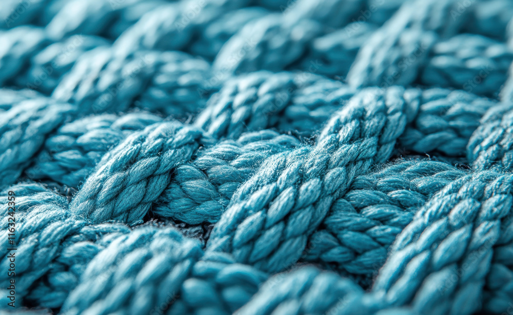 Close up of textured blue rope surface, showcasing intricate weaving and vibrant color. detailed fibers create visually appealing pattern Close up of textured blue rope surface, showcasing intricate weaving and vibrant color. detailed fibers create visually appealing pattern