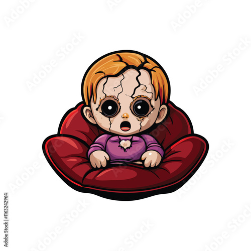 A broken porcelain doll, its face cracked and chipped, rests forlornly on a dusty surface.  Detailed depiction of the damage is crucial.