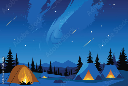 Create a detailed vector illustration of a cozy campfire scene under a starry night sky, perfect for camping.  Include realistic flames and glowing embers.