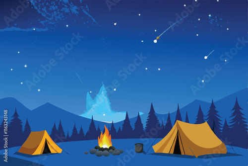 Create a vibrant vector illustration of a cozy campfire scene under a starry night sky, emphasizing the warmth and tranquility of camping.