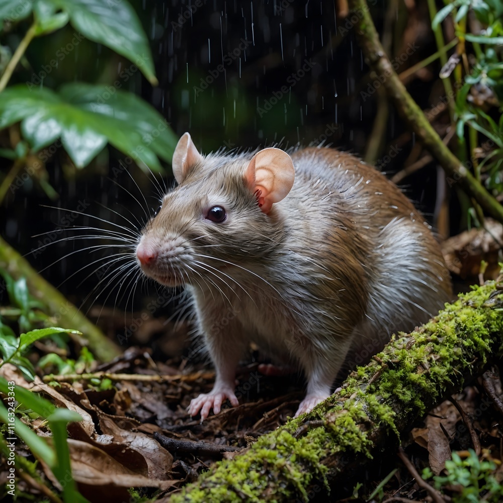 Maclear's Rat in the Rain: A Quiet Moment Peeking from Its Burrow in the Rainforest Maclear's Rat in the Rain: A Quiet Moment Peeking from Its Burrow in the Rainforest