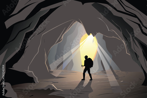 A detailed vector illustration of a lone hiker exploring a dark, mysterious cave system, highlighting geological formations and the hiker's equipment.
