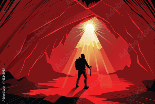 A detailed vector illustration of a lone hiker exploring a dark, mysterious cave, showcasing stalactites and stalagmites.  Emphasis on adventure and exploration.