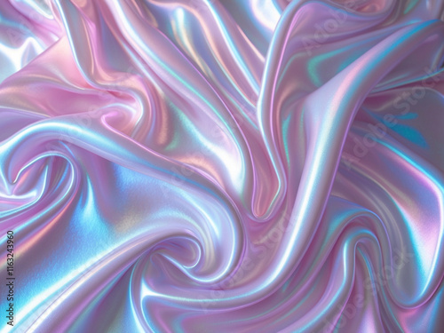 A close-up of iridescent, flowing fabric in soft pastel hues of pink, lavender, and blue, showcasing its smooth, silky texture and radiant light reflections. photo