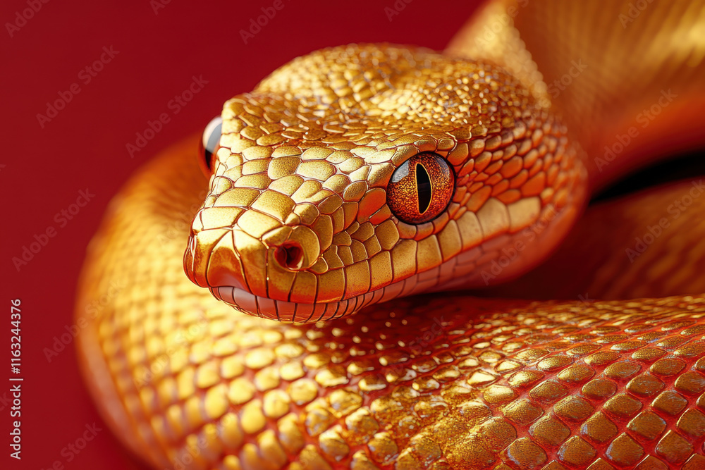 Fototapeta premium gold snake on red background, symbolizing prosperity and good fortune. This striking image captures intricate scales and vibrant colors of snake, evoking sense of awe and beauty