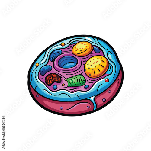 Design a detailed vector illustration of a generalized animal cell, highlighting key organelles like the nucleus, mitochondria, and endoplasmic reticulum.  Include labels.