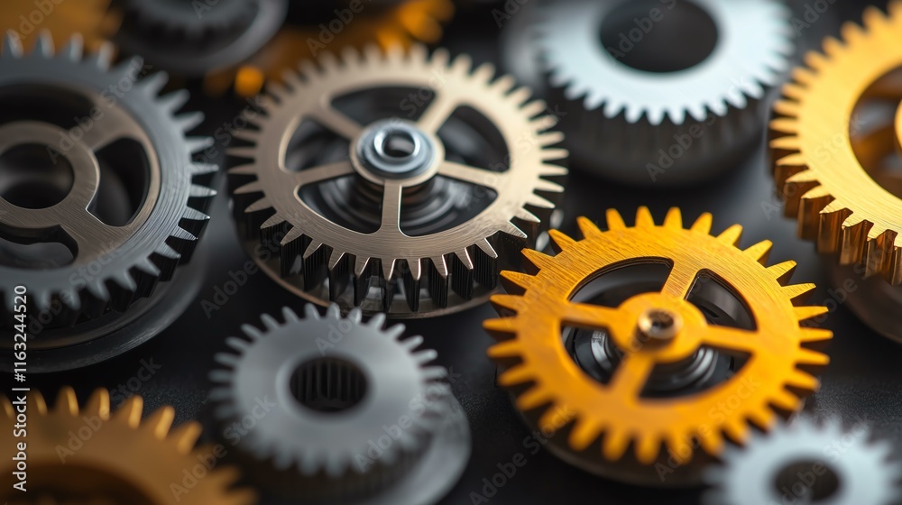 Close-up of metallic gears showcasing intricate designs and mechanical precision. Close-up of metallic gears showcasing intricate designs and mechanical precision.