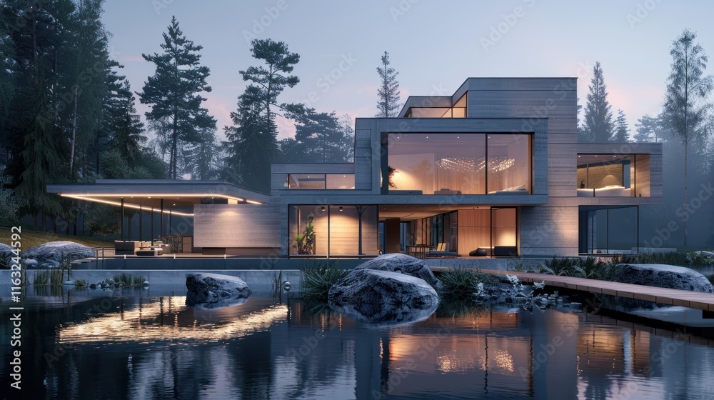Naklejka premium Modern house by the beautiful river, AI generated image