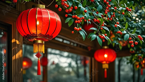 Red Chinese lanterns hanging from tree branches with red berries background