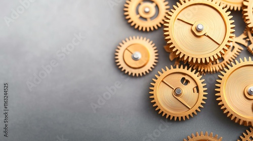 Close-up of intricate golden gears arranged on a gray industrial background. photo