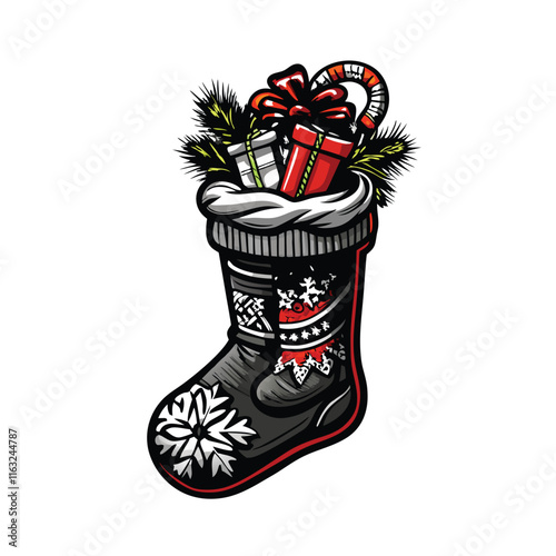 Create a detailed vector engraving sketch of a Christmas boot overflowing with gifts.  Focus on intricate linework and shading for a vintage feel.