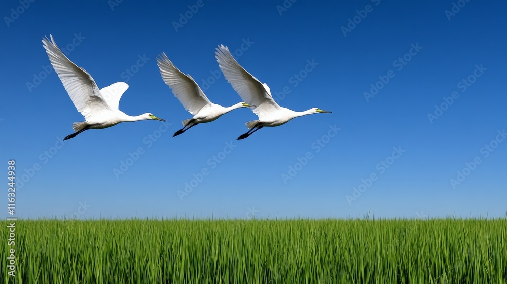 Three Cranes Soaring: A serene image of three white cranes gracefully soaring against a vibrant blue sky, their wings outstretched as they fly in formation over a lush green field. Three Cranes Soaring: A serene image of three white cranes gracefully soaring against a vibrant blue sky, their wings outstretched as they fly in formation over a lush green field.
