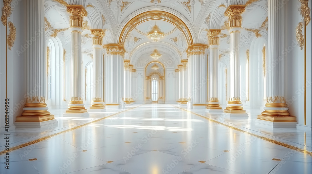 Obraz premium Luxury Palace Interior Background. Rich Interior of Royal Palace. White and Gold Marble Castle Hall. Abstract Wedding Background