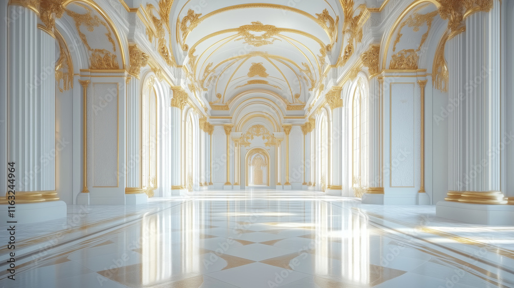 Fototapeta premium Palace Interior Background. Luxury Interior of Royal Palace. White and Gold Marble Castle Hall. Abstract Wedding Background