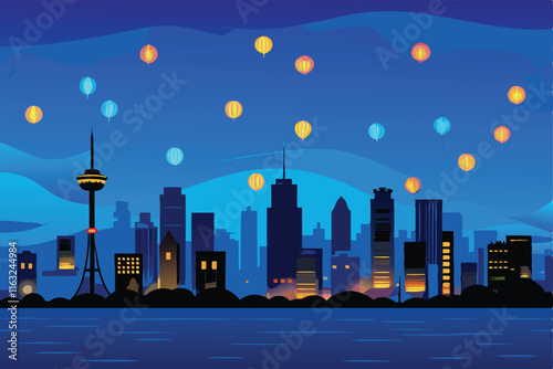 Design a vibrant, modern vector cityscape illustration showcasing a feeling of escape; emphasize dynamic lines and bold colors.
