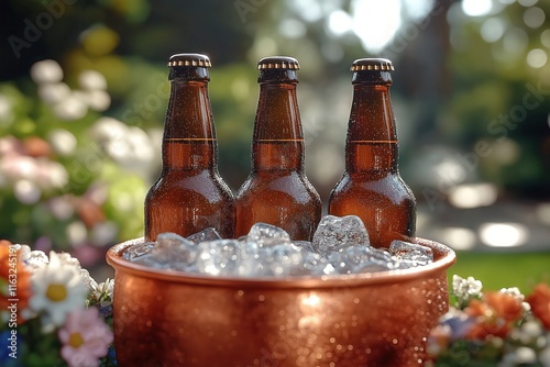 Brown glass beer bottles sit in copper ice bucket filled with ice cubes. Summer vibe. Perfect for relaxing gathering outdoors. Enjoyment, refreshment on sunny day. Cold drinks for casual party in photo