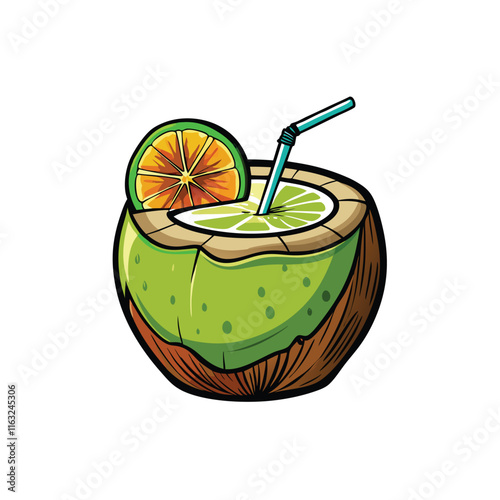 Create a close-up vector illustration of a refreshing coconut drink served in a glass with a straw, showcasing its creamy texture and natural appeal.