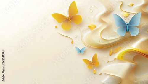 Abstract wall paper- greeting- invitation- celebration card. Elegant cream background with yellow elements. Realistic luxury paper cut style. Some butterflies with similar colors. photo