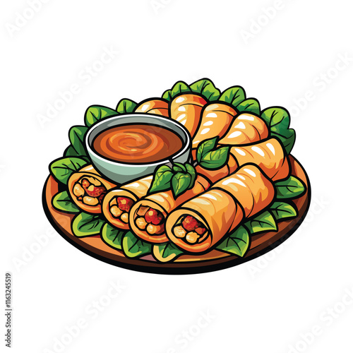 Close-up vector illustration of vibrant, fresh Thai spring rolls; showcasing textures and ingredients.