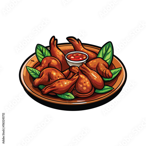 Create a close-up vector illustration of succulent Thai-style marinated chicken wings, showcasing vibrant color and glistening texture.  Emphasize marinade details.