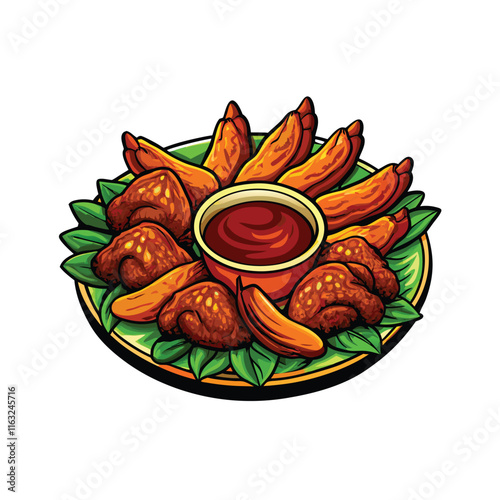 Close-up vector illustration of marinated Thai chicken wings, showcasing vibrant color and texture.  Ideal for recipe websites or food blogs.