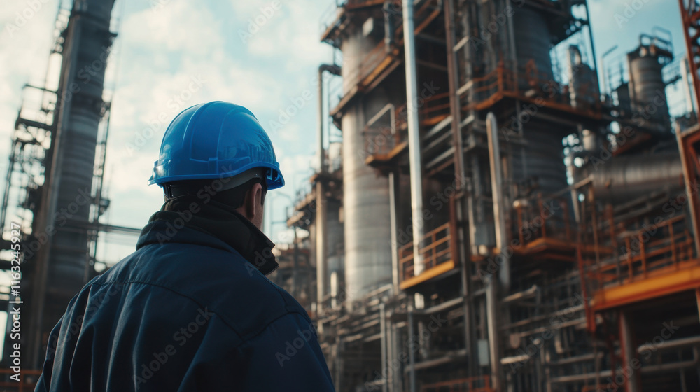 man in blue helmet stands in front of gas refinery, observing industrial structures. scene conveys sense of focus and professionalism in manufacturing environment man in blue helmet stands in front of gas refinery, observing industrial structures. scene conveys sense of focus and professionalism in manufacturing environment