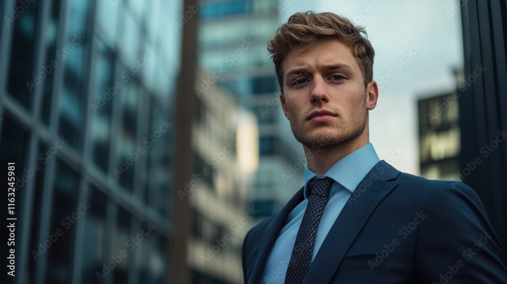 young man in suit stands confidently in urban setting, showcasing modern architecture. His expression reflects determination and professionalism young man in suit stands confidently in urban setting, showcasing modern architecture. His expression reflects determination and professionalism