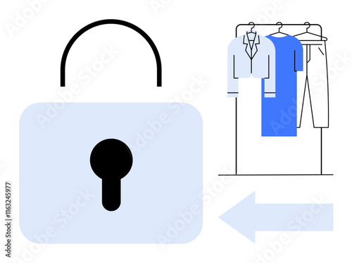 Large lock alongside clothing on hangers, blue arrow pointing left. Ideal for security, fashion, laundry services, clothing protection, retail, privacy commercials. Line metaphor