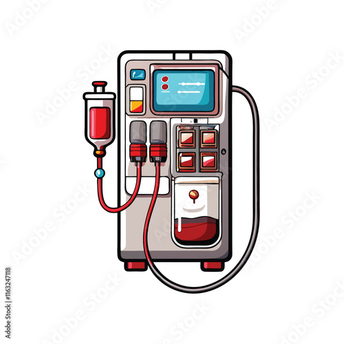 Create a detailed vector illustration of a modern hemodialysis machine, showcasing its components and tubing clearly.  Include a clean, medical aesthetic.