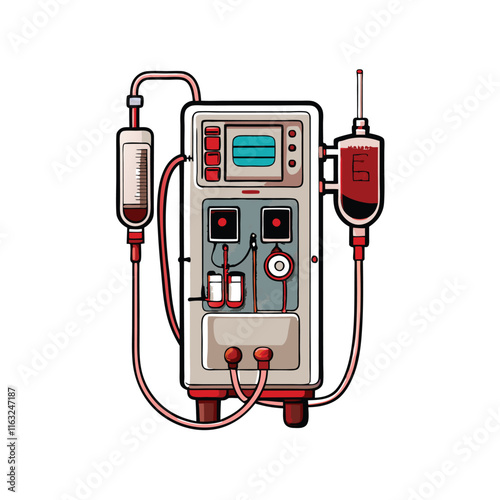 Create a detailed vector illustration of a modern hemodialysis machine, showcasing its components clearly and accurately.  Include tubing, filters, and control panel.