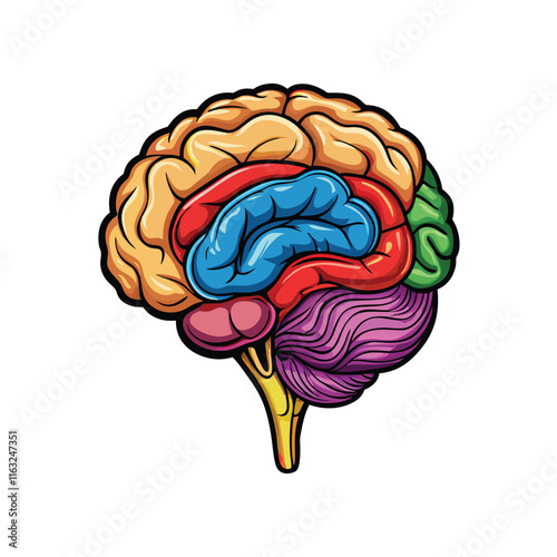 Create a detailed vector illustration of a human brain, showcasing its intricate folds and structures.  Include realistic anatomical accuracy.