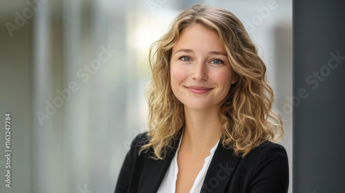 Free Download professional woman with curly hair smiles confidently in modern office setting, showcasing friendly and approachable demeanor - GFXLoad