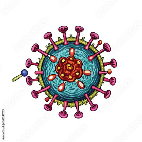 Create a scientifically accurate vector illustration depicting HIV's infection process, showing viral entry, reverse transcription, integration, and replication within a T cell.