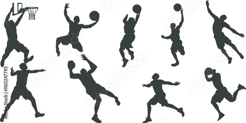 Dynamic basketball player silhouettes in action, performing dribbling and shooting moves. Ideal for promotional materials, sports event designs, and athletic-themed illustrations