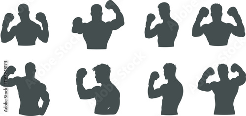 A collection of silhouettes of fighters performing punches, poses, and defensive maneuvers. Great for combat sports posters, gym ads, and action-themed illustrations.