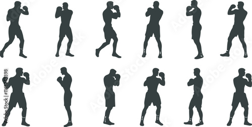 Silhouettes of boxers and fighters in action, showing off powerful punches and evasive moves. Perfect for sports design, fitness promotions and martial arts branding.