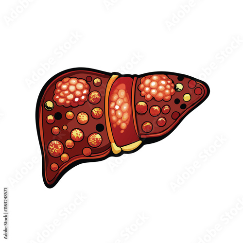 Create a vector illustration depicting the four stages of liver cirrhosis progression, clearly showing healthy liver to end-stage cirrhosis.